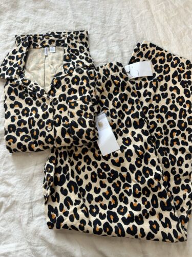 Printed Flannel Button Front PJ Pant Set Small Leopard Cozy NWT