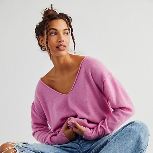 NWT FREE PEOPLE Sz S HARMONY CASHMERE V NECK SWEATER IN PINK | eBay