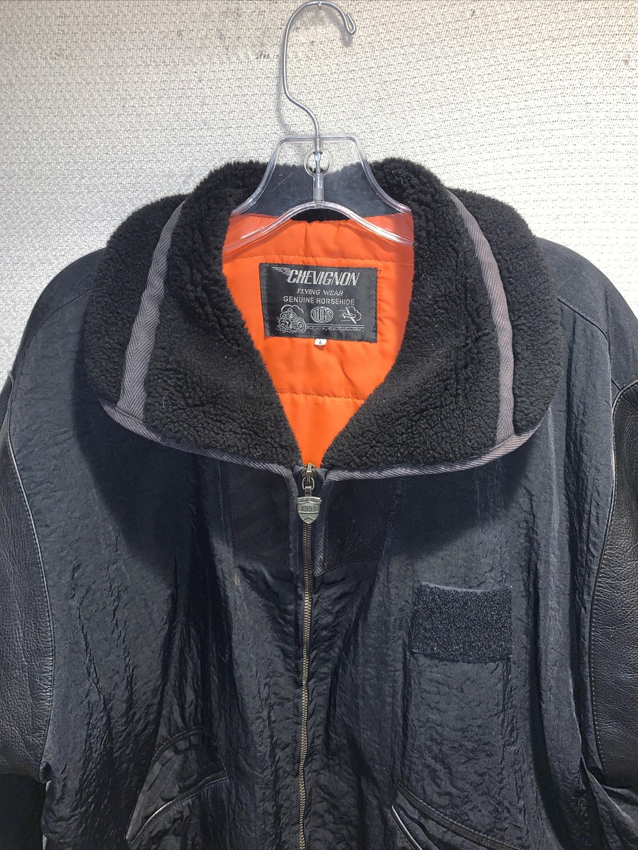 CHEVIGNON MENS FLIGHT JACKET BLACK HORSEHIDE/ NYLON SHELL SIZE L 