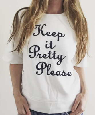 DRAPER JAMES Sweatshirt KEEP IT PRETTY PLEASE S Graphic Top Willow White NWT
