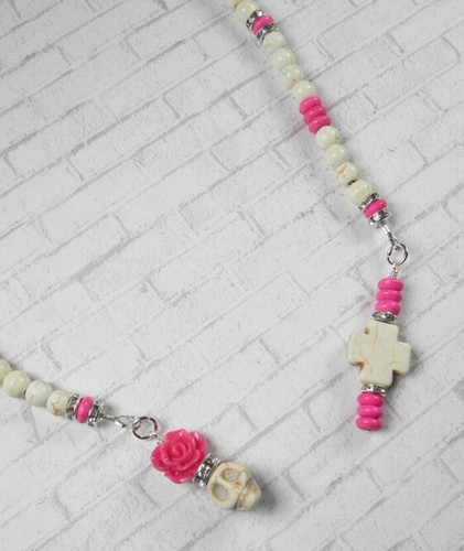 Skull Rose Beaded Thong Bookmark Howlite Rhinestone Handmade White Pink New - Picture 3 of 4
