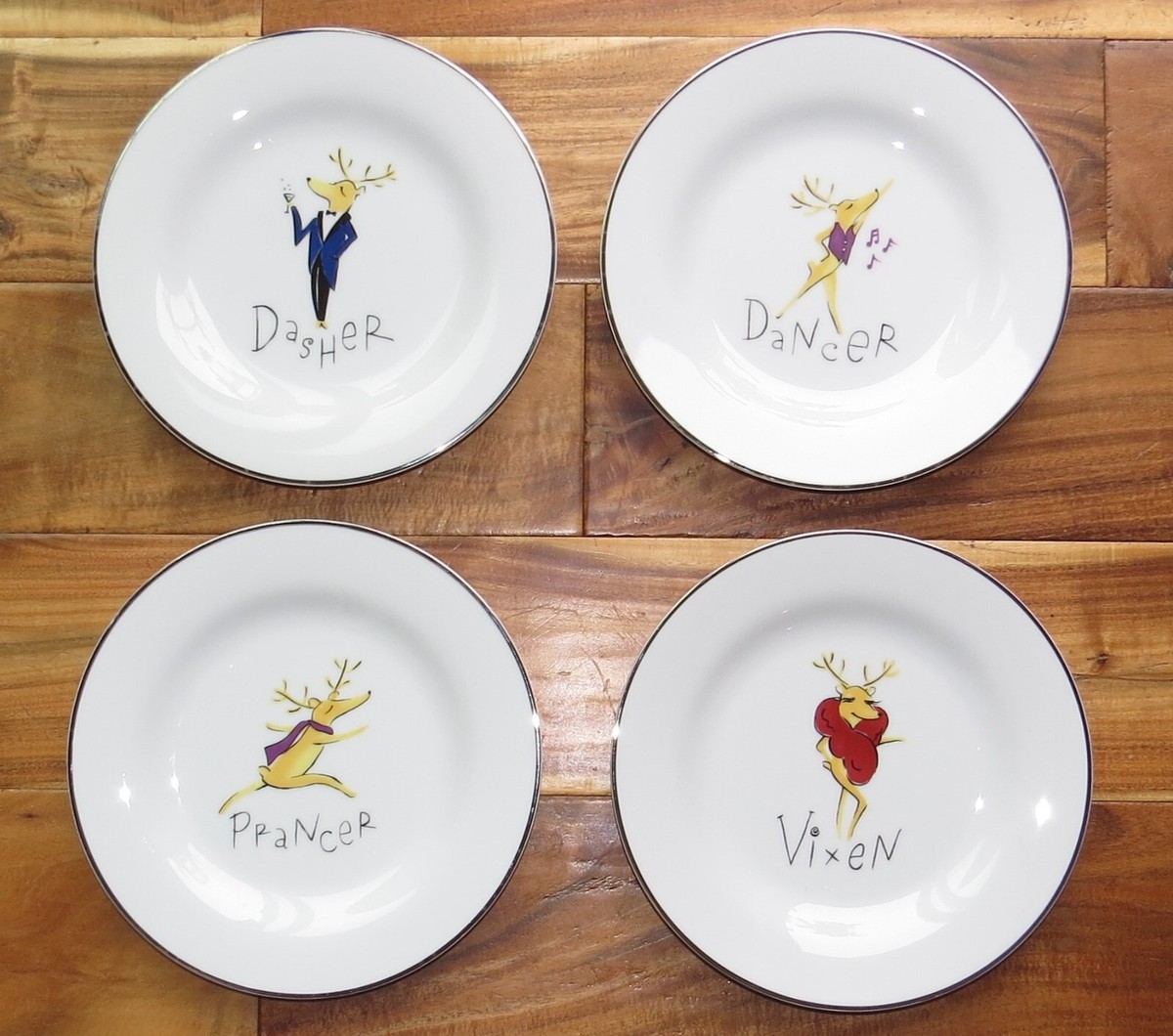 Pottery Barn Reindeer Platinum Rim Set of Salad Dessert Plates