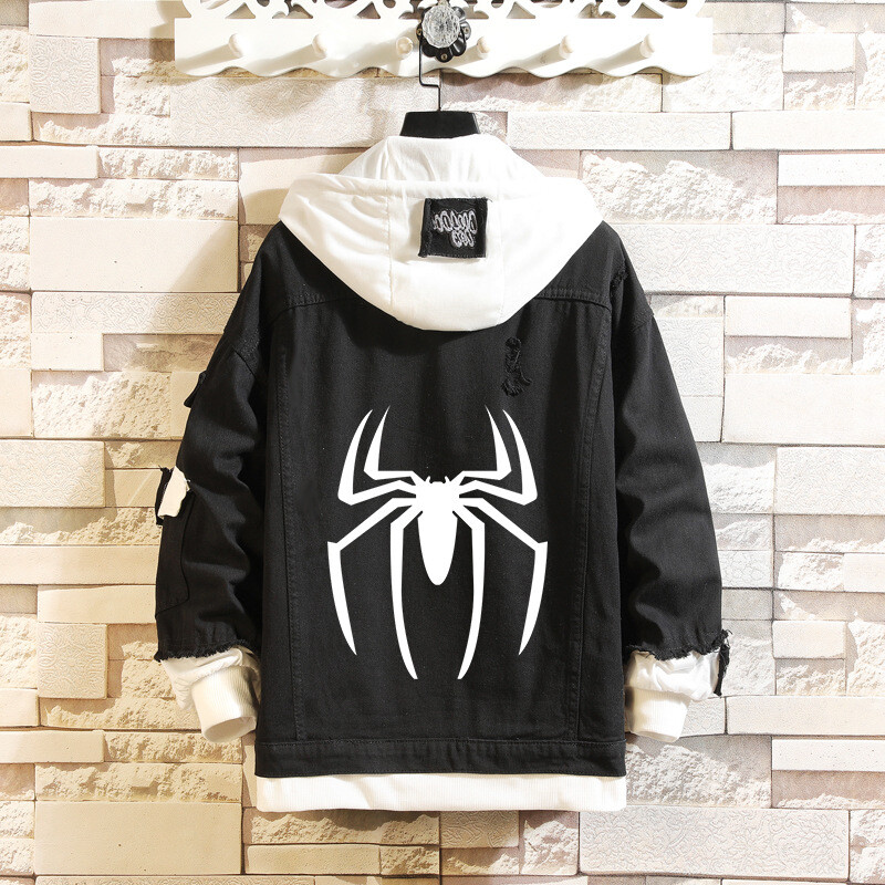 Spider-Man Black Denim Hoodie Spider Print Fashion Jean Jacket