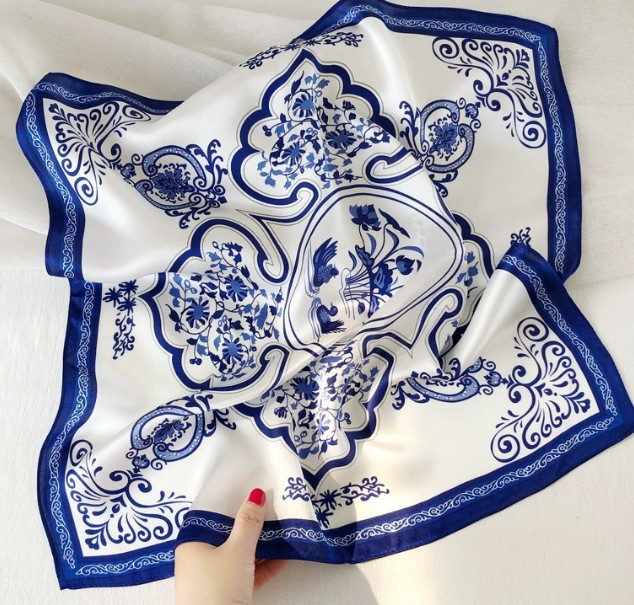 100%Silk Mulberry Neckerchief Porcelain Print Blue Shawl 21'' Scarf Bandana wrap