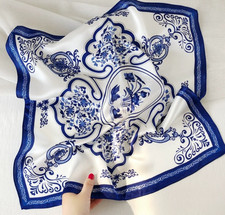 100 Silk Mulberry Neckerchief Porcelain Print Blue Shawl 21'' Scarf Bandana wrap