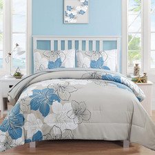 Floral Comforter Set Queen Size, Blue Floral Comforter and Sheet Set, 7 Pieces B