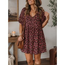 NEW Old Navy Floral Babydoll Dress Medium Brown Pink Puff Sleeve Boho