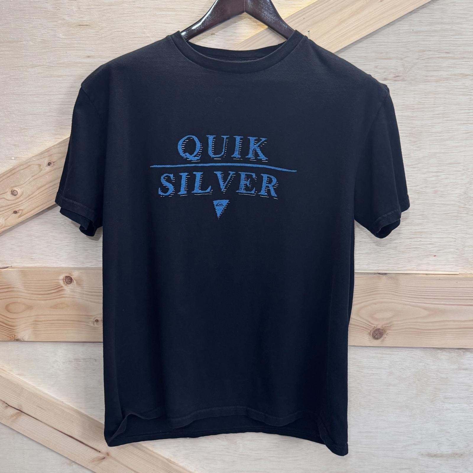 Quiksilver Shirt Mens Medium Black Blue Graphic Surf Skate Logo Tee Cotton Y2K