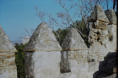 c1970's Kodachrome 35mm Slide, Ancient Stone Wall Turrets, Bare Trees mountain