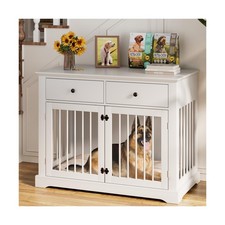 44inch Large Dog Crate Furniture with Storage Drawers for Indoor, White Beige