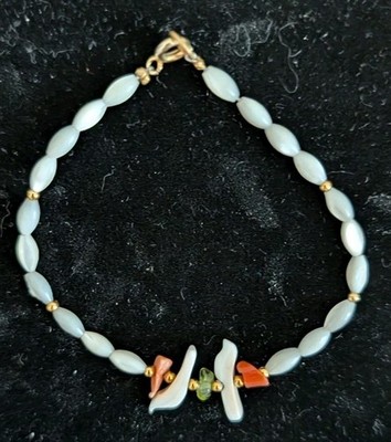 Vintage Mother of Pearl MOP Rice Bead Bracelet Coral Peridot 14K GF Gold Filled
