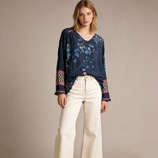 NWOT Johnny Was Silk Floral Long Sleeves Blouse Shirt Blue Size S