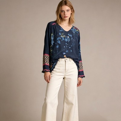 NWOT Johnny Was Silk Floral Long Sleeves Blouse Shirt Blue Size S