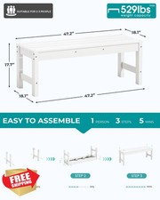 SERWALL 47" Backless Outdoor Bench, White, Wood Grain, Garden