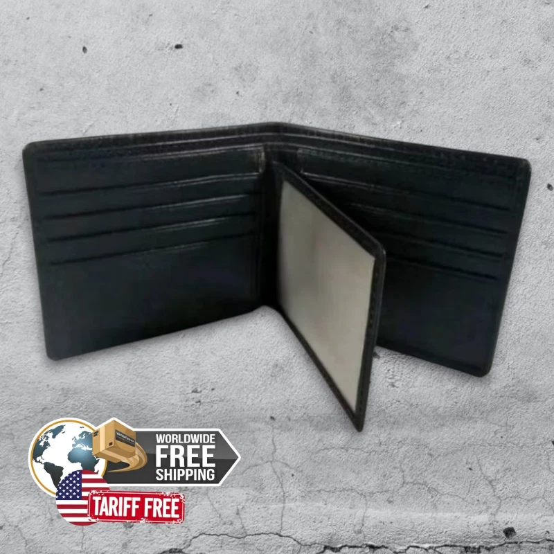 Cartera de hombre negra de cuero genuino de raya doble pliegue con patrón de ojos de pera Foto 4 de 4