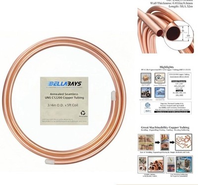 Copper Tubing 3/4'' OD x 0.687'' x 5 ft, 99.9% C12200 ASTM B280 Refrigeration A...