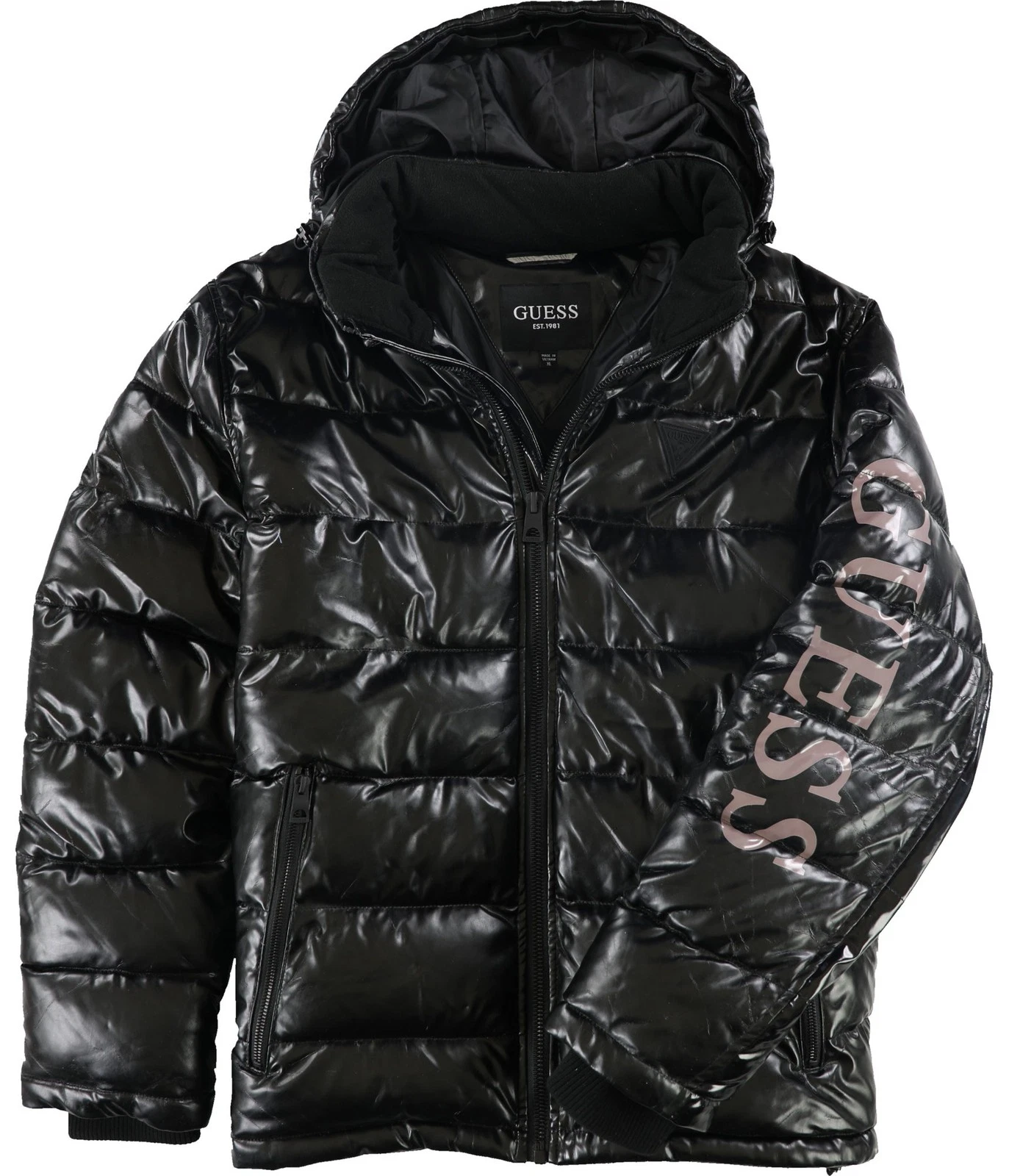 GUESS Mens Holographic Puffer Jacket, black, XL