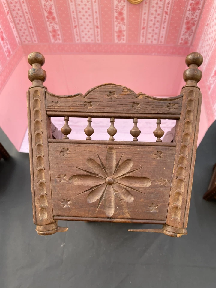 ANCIEN GRAND BERCEAU LIT BOIS BRETON POUR POUPEE BLEUETTE BAMBINO OURS - Photo 2/4