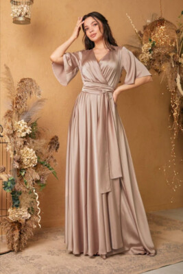 rosegold satin silk wrape maxi dress for women flared sleeve v neckline | eBay rosegold satin silk wrape maxi dress for women flared sleeve v neckline | eBay