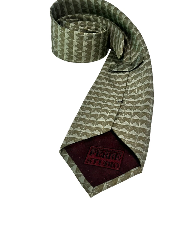 GIANFRANCO FERRE 意大利绿色几何豪华柔软丝绸领带 — 第 4/4 张图片