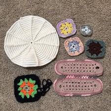 Lot of 7 ASSORTED Size Crochet Circle Rectangle GRANNY SQUARES Blocks Afghan