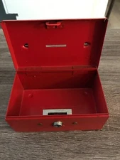 Vtg  Rockaway Metal co.  Coin Bank 5.5x3.5x2.5" No Key But Works Push Button RED