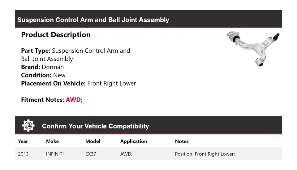 Conjunto de rótula de brazo de control Dorman Infiniti Ex37 2013 Foto 2 de 4
