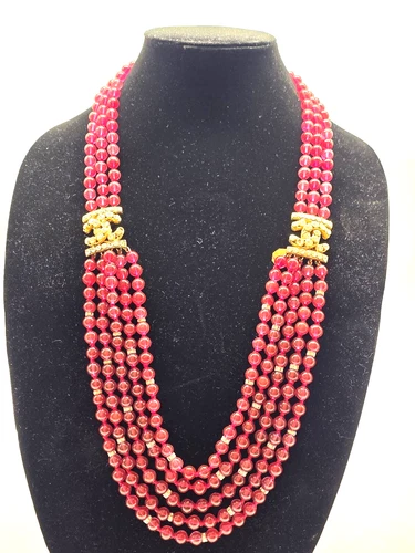 Vintage CHANEL Red Beaded Multi-Strand Necklace – Gold CC Logo with Rhinestones