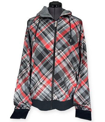 Nike Plaid Hooded Zip Up Windbreaker Black / Red / Gray Jacket Size XXL