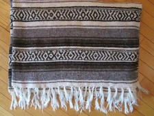 Mexican Falsa Serape Blanket Black White Gray Fringed Yoga Mat 50" x 75"