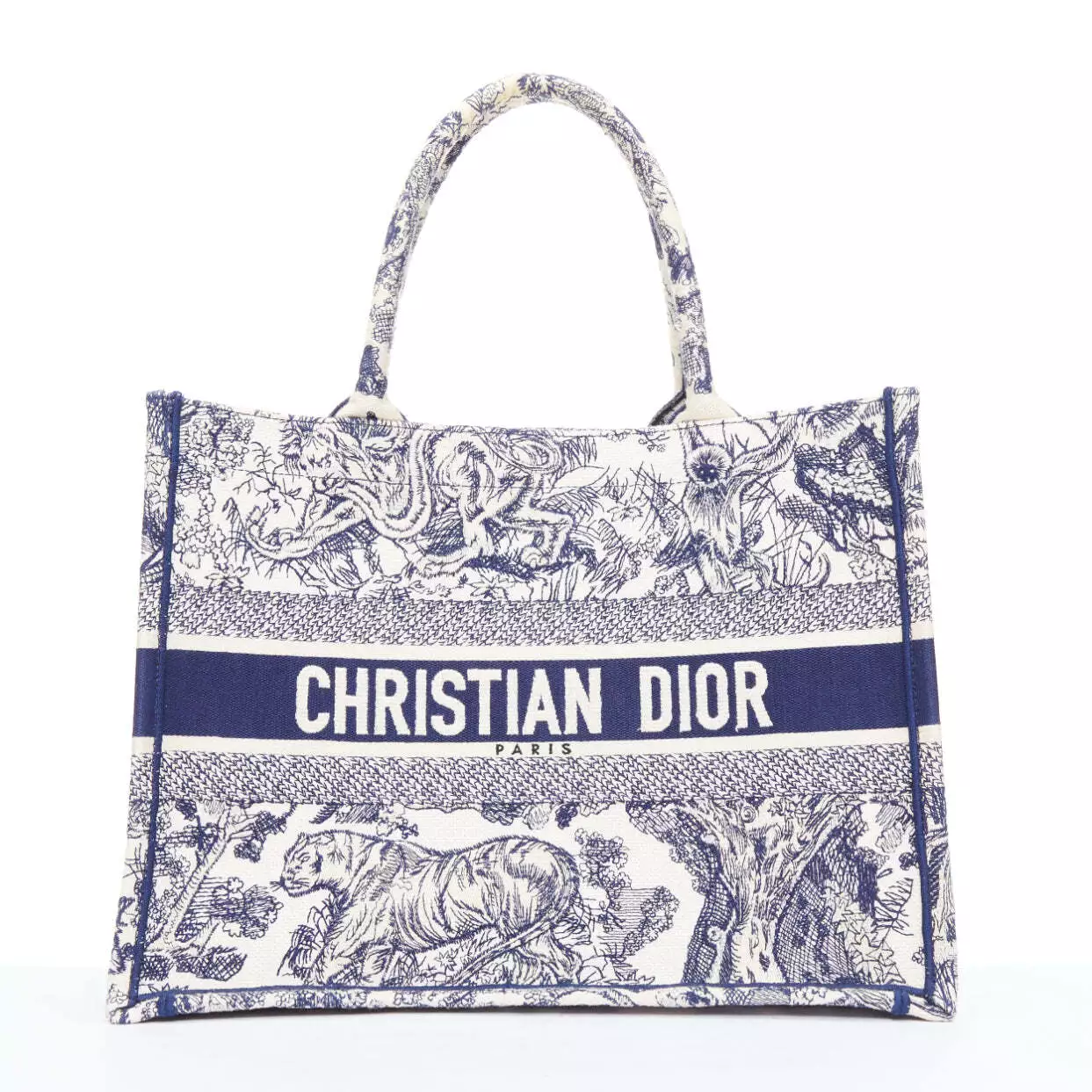 CHRISTIAN DIOR Livre Fourre tout bleu marine crème Toile de Jouy sac toile