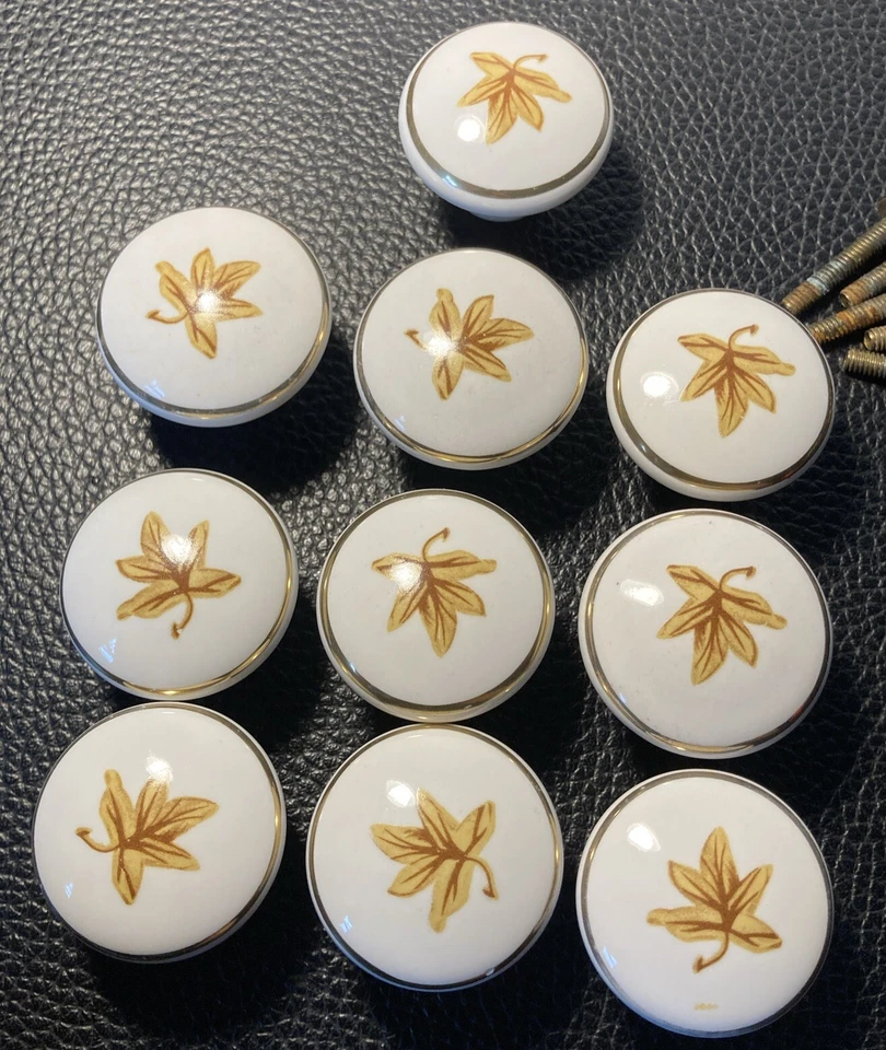 Perilla de cajón de porcelana vintage tira hoja de arce dorado con tornillos — Lote de 10 Foto 4 de 4