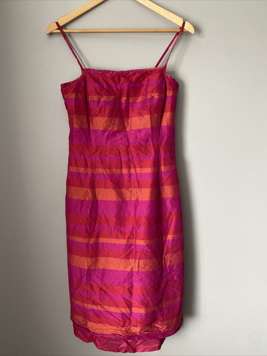 Vintage 90's Ann Taylor Square Neck Striped 100% Silk Mini Dress Size 4 Y2K