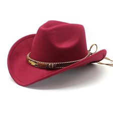 Maroon, Red Western Cowboy Cowgirl Hat Gold Feather Braid Band, Felt, Men Wome