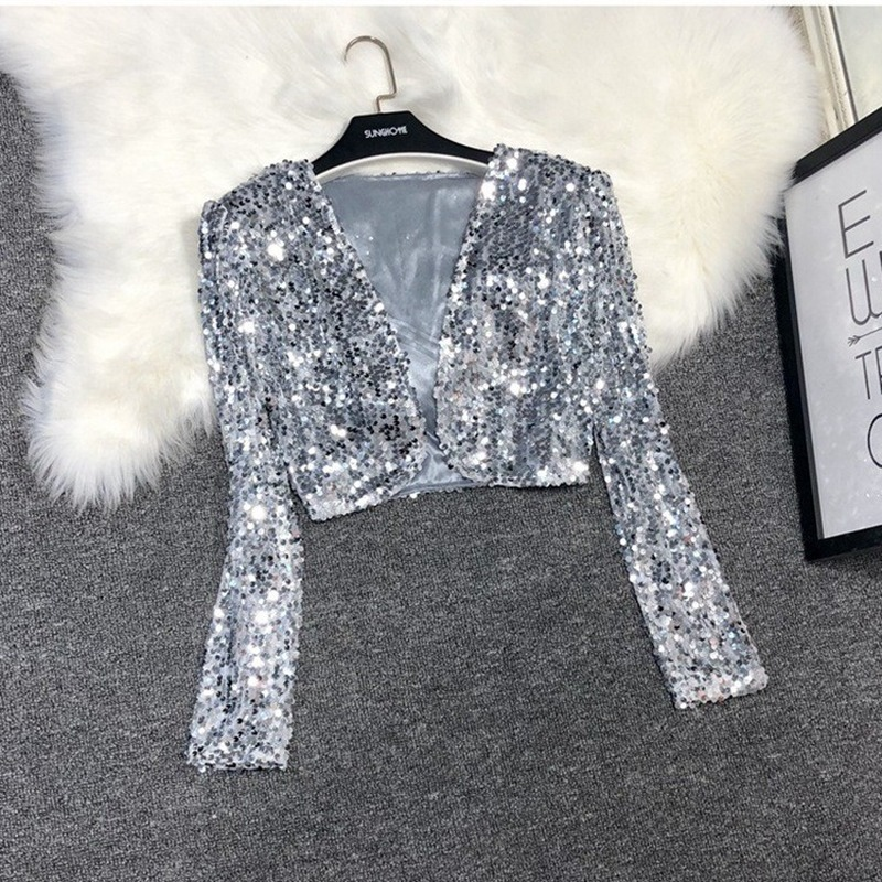 Lady Shiny Sequin Jacket Short Suit Blazer Crop Tops Coat Slim