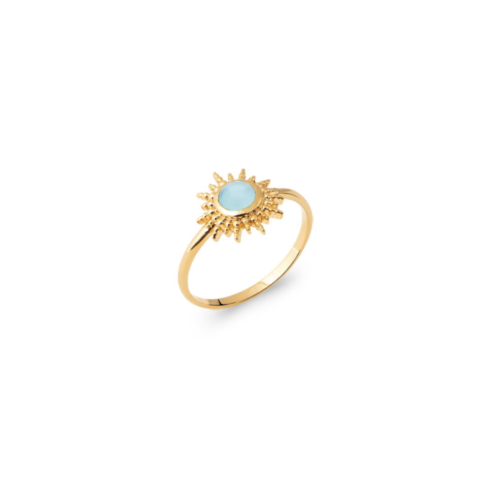 Bague motif soleil agate bleue plaqué or 750/000 poinçonné, bague ajustable pierre naturelle