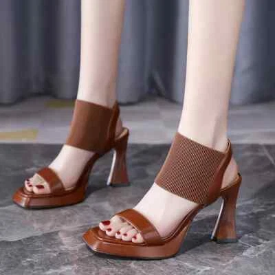 Sandales Femme Talon 9 Cm Marron Confortables Élégants En Cuir Synthétique 70611 - Photo 1/4