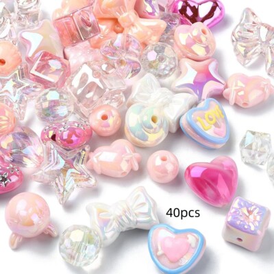 40pcs/Set UV Plated Acrylic Bead Pink Theme Mixed Shapes Beads for Jewelry DIY