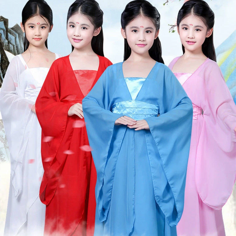 Niñas Vestido Hanfu Antiguo Chino Cítara Ropa Hada Rendimiento Baile Conjunto Foto 3 de 4
