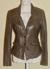Muubaa 100% Lambs Leather Size S/10 London Brand Taupe Blazer Jacket Wired Hems