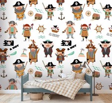 Papier Peint Enfant Avec Différents Pirates Et Symboles – Coloré, Crème, Marron