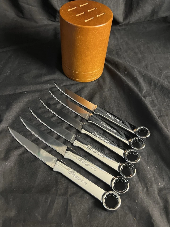 Juego completo de 6 cuchillos para carne de acero inoxidable con llave a presión con bloque de madera Foto 3 de 4