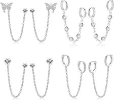 4 Pairs Trendy Chain Earrings for Women 14K Gold Plated Double Piercing Butterfl