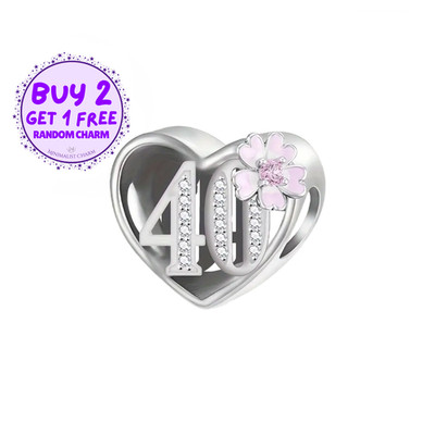 40 Heart Charm For Bracelet, 40th Birthday Charm, Sterling Silver Charm