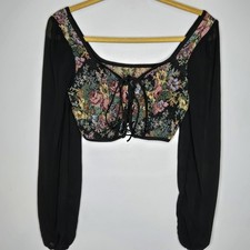 Floral Tapestry Lace Up Corset Crop Top Sheer Long Sleeve S Goth Fairy Grunge