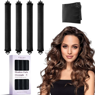 Heatless Curls Overnight Hair Curlers - 4 Pcs No-Heat Curling Rod to Sleep In,Ve