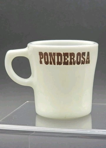 Vintage Ponderosa Steakhouse Coffee Mug Pyrex Milk Glass Cup Advertising Rare