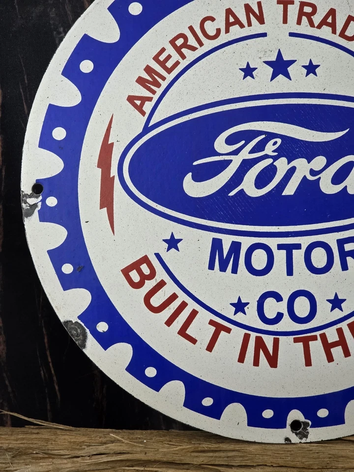 VINTAGE FORD MOTOR CO. BUILT IN THE U.S.A. PORCELAIN DEALERSHIP SIGN 12". - Image 2 of 4