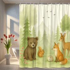 Cute Forest Animals Shower Curtain - Bear, Fox, Squirrel, Deer