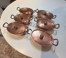 Vintage Handcrafted Oval Copper Casserole Pot Set with Brass Handles and Lids